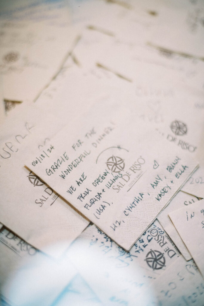 A thank you note from the Soul Sisters travelers written to the staff and chef of Sal De Riso Costa D'Amalfi restaurant.