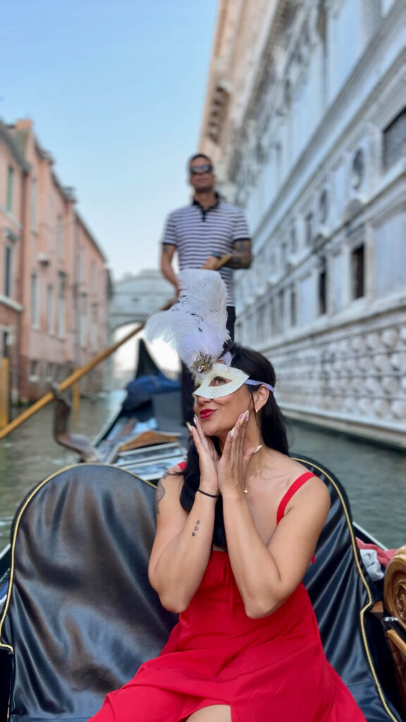 woman in red on gondola ride