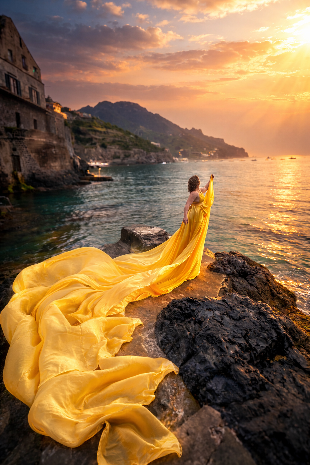 woman in yellow dress on the rocks by the ocean