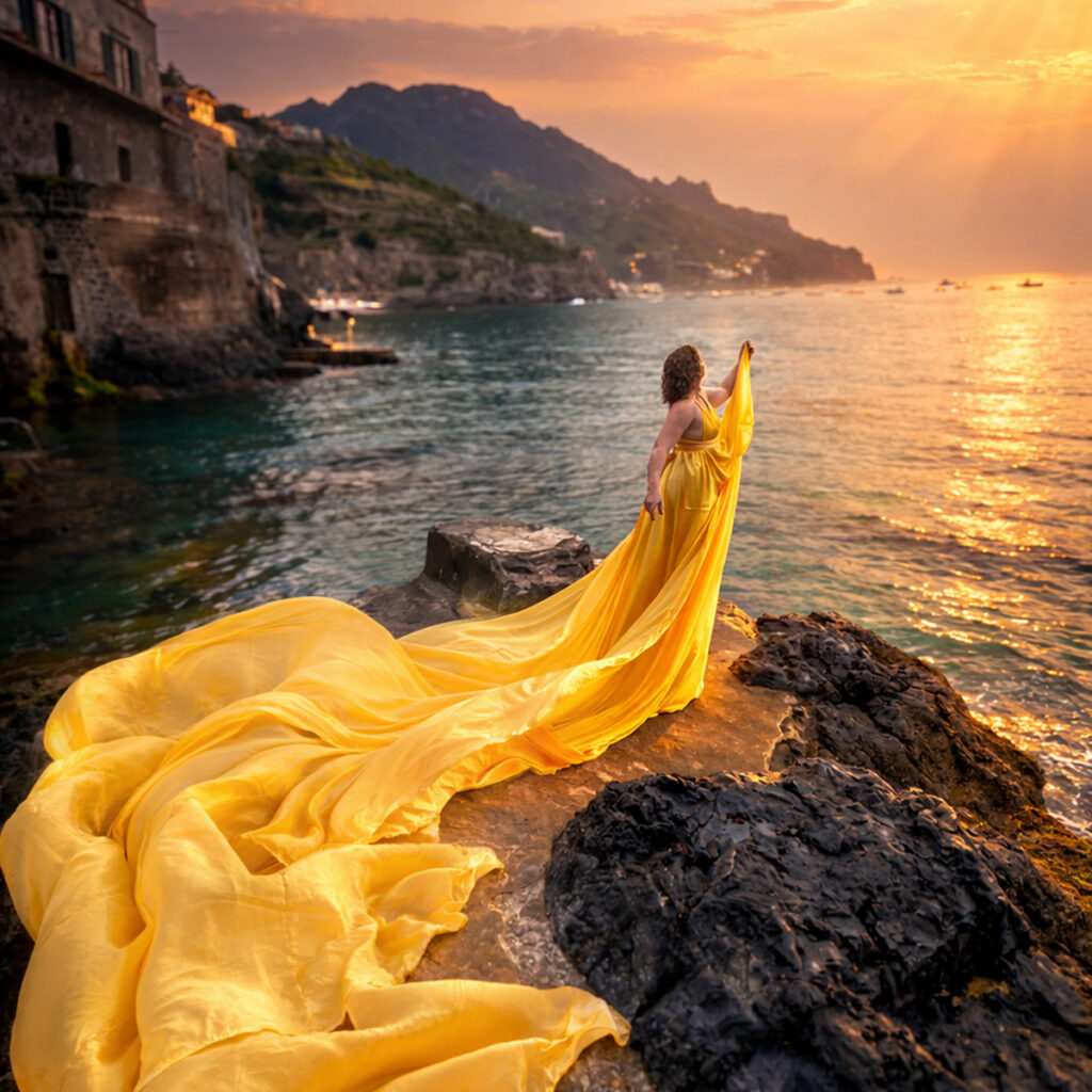 woman in yellow dress standing on rocks by the ocean