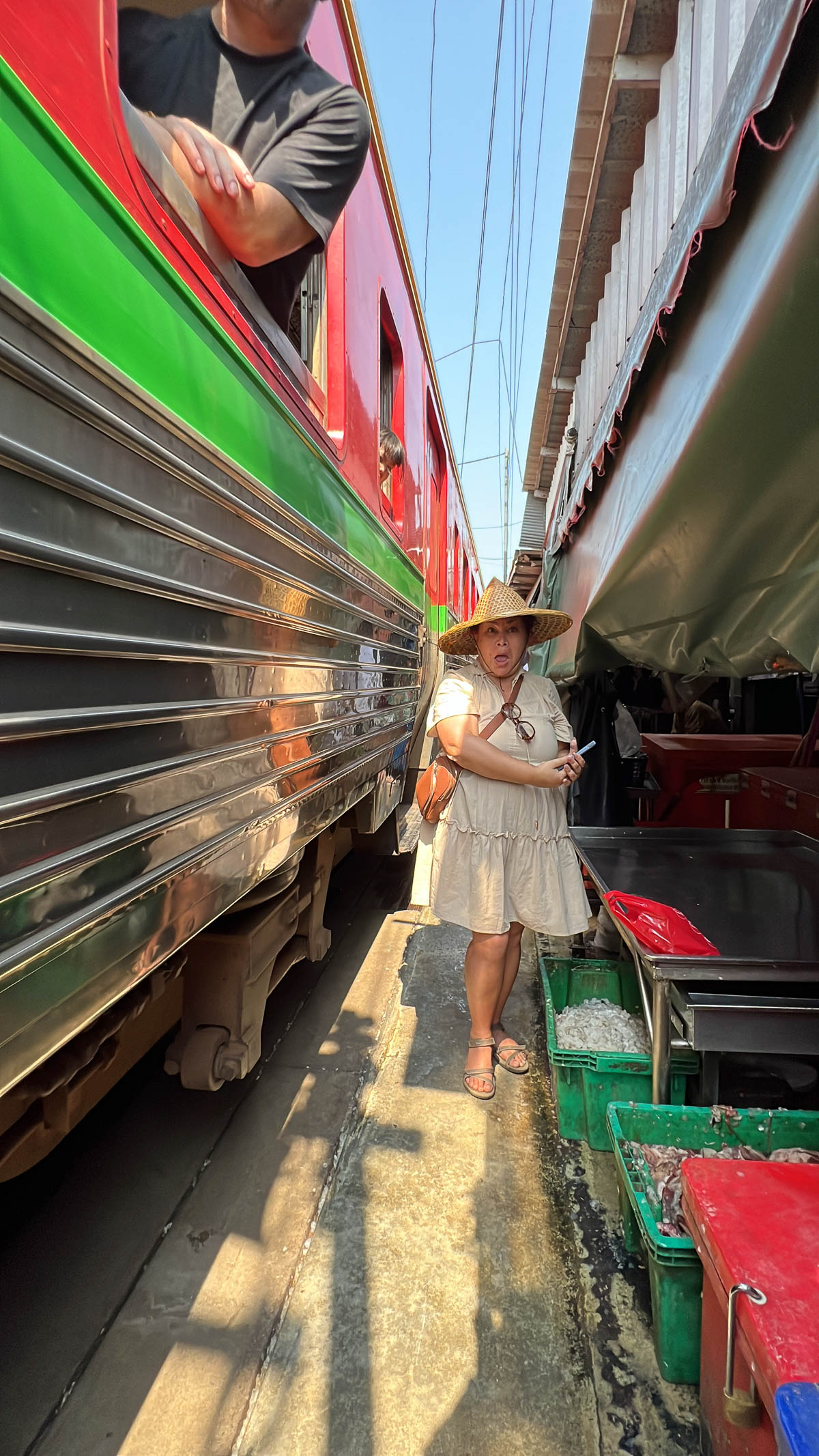 A traveler standing beside a train at a market in Thailand