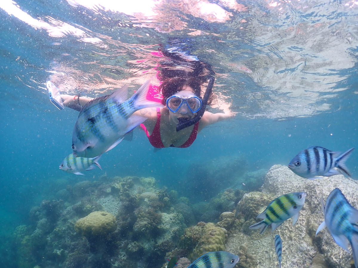 A snorkeler in a pink mask swimming among striped fish in Thailand