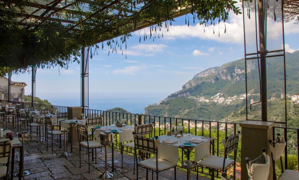 Outdoor dining on the terrace of Villa Maria restaurant in Ravello.