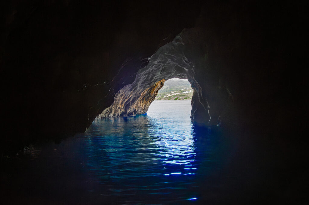 Inside view of the Blue Grotto in Amalfi, Italy.