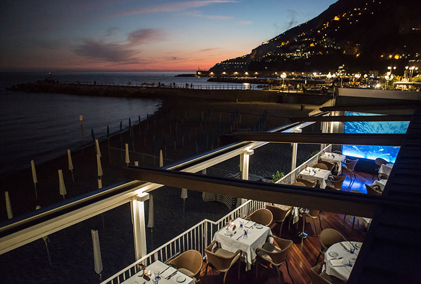 Overhead view of the terrace at sunset at Ristorante Marina Grande.
