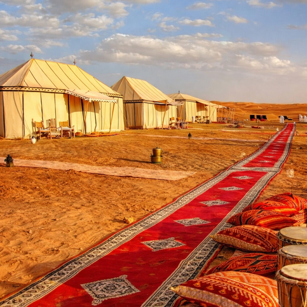 Tents and red rugs in a desert setting.