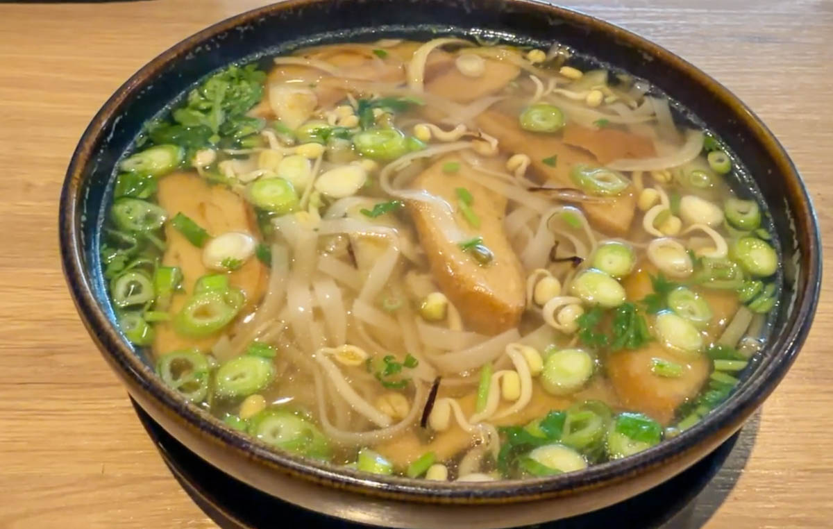 A bowl of noodle soup topped with green onions and mushrooms