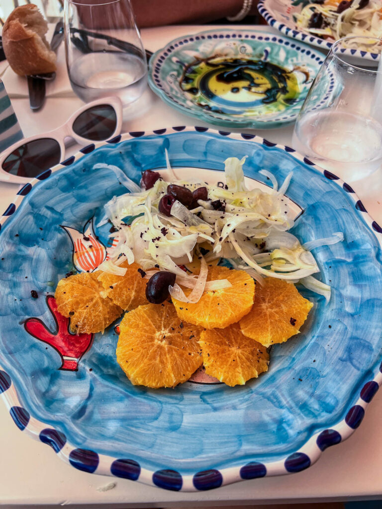 A lunch plate of sliced oranges and fennel at Arienzo Beach Club.