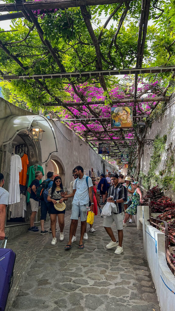 A pergola covered in pink bougainvillea over a pedestrian street in Positano.