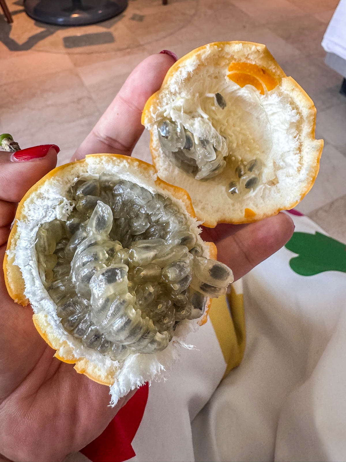 Granadilla split open in hand to show its seeds