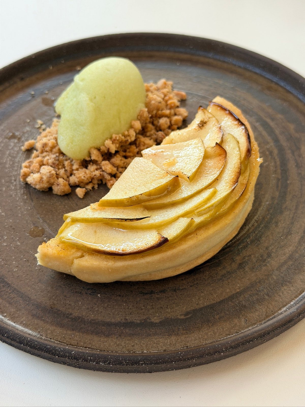 Apple tart with basil sorbet and crumble at Sombra restaurant, Kimpton Atlântico Algarve