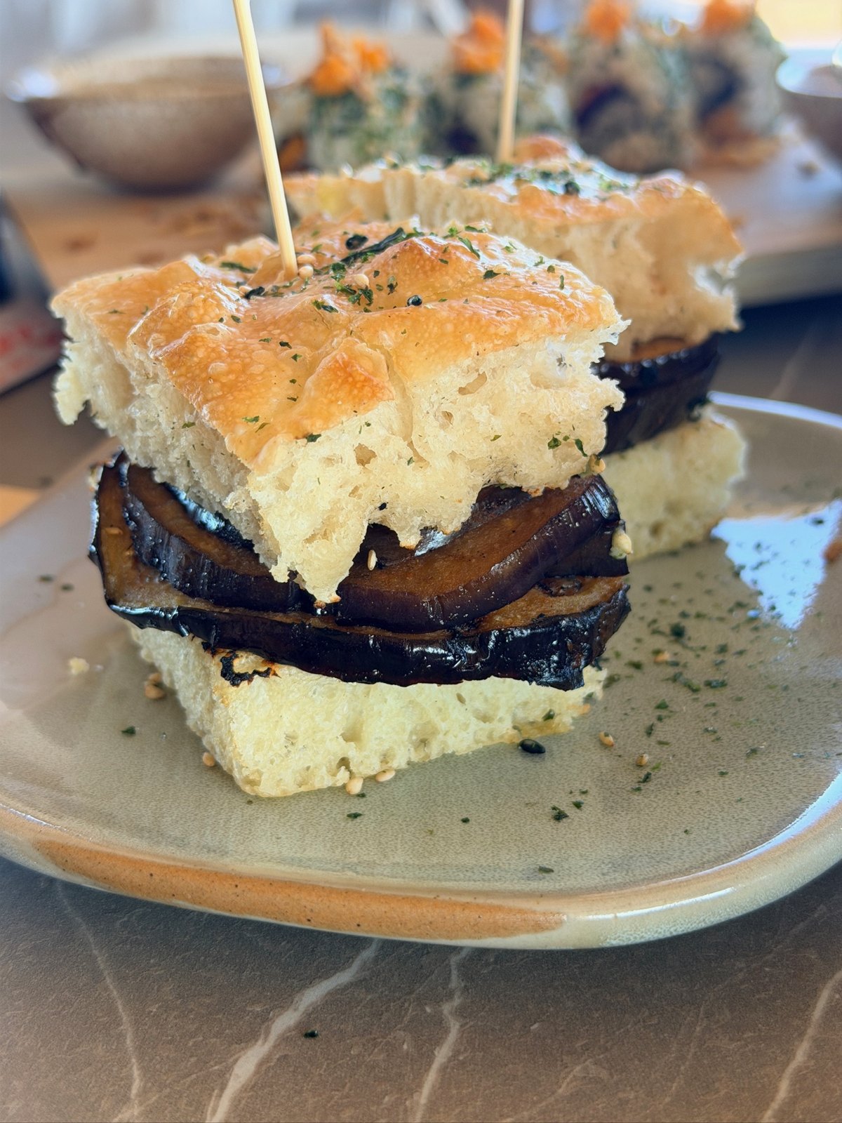 Eggplant focaccia sandwich at Zénite Rooftop, Kimpton Atlântico Algarve