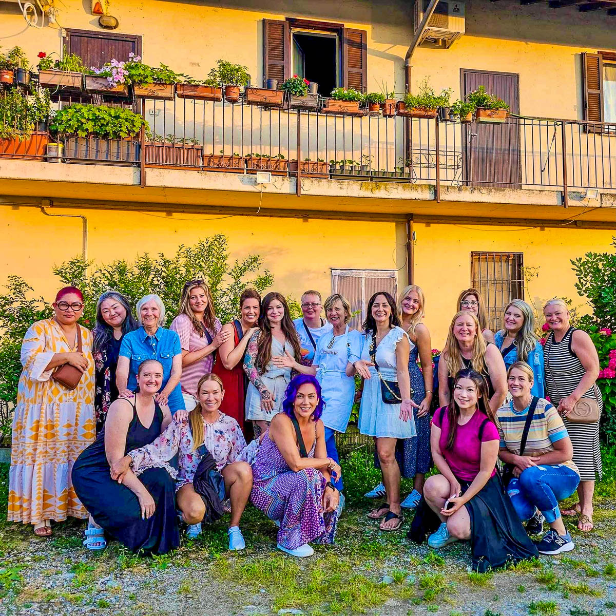 The Soul Sisters group outside the farmhouse after the cooking class near Milan