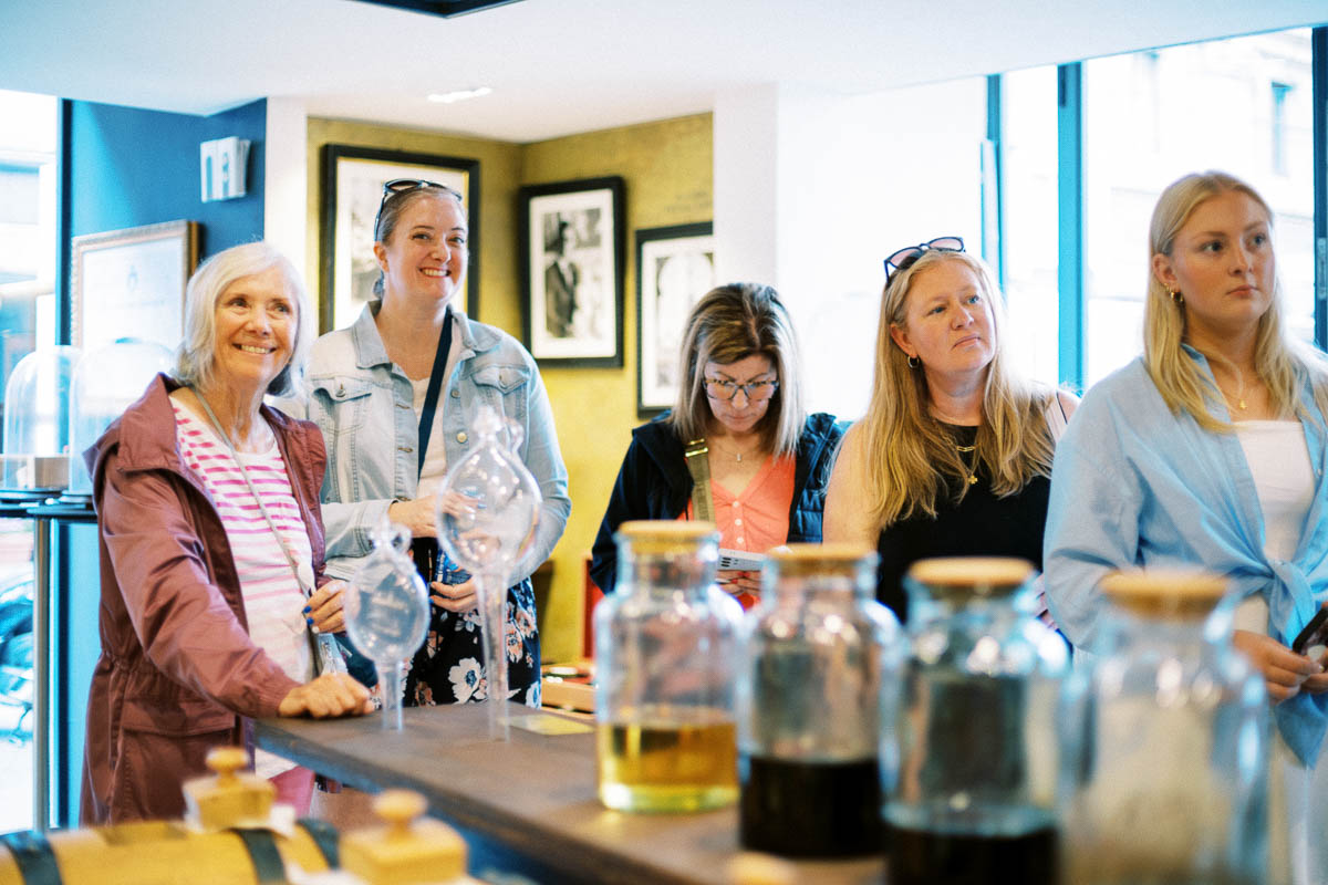 The group listening during a balsamic vinegar tasting at Giusti in Milan