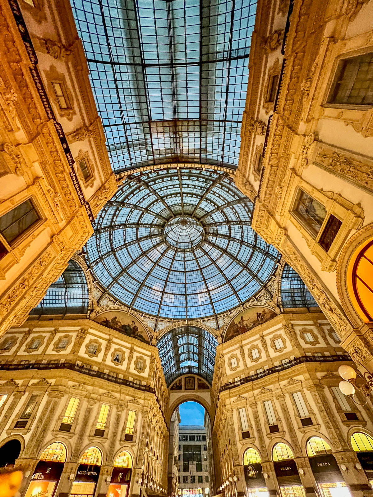 The glass dome of the Galleria Vittorio Emanuele II lit up at night