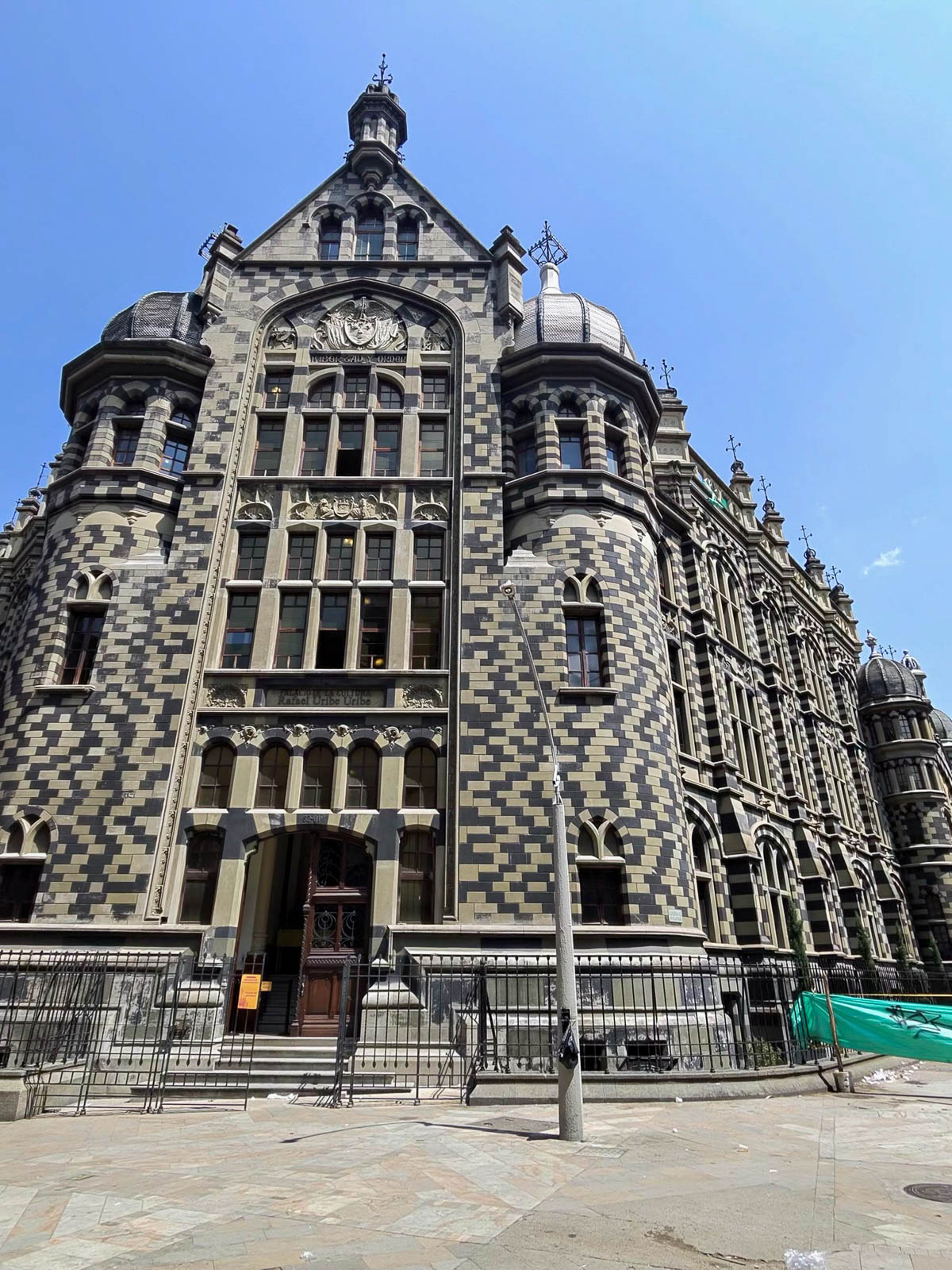 Black and white Gothic style Palacio de la Cultura in downtown Medellín