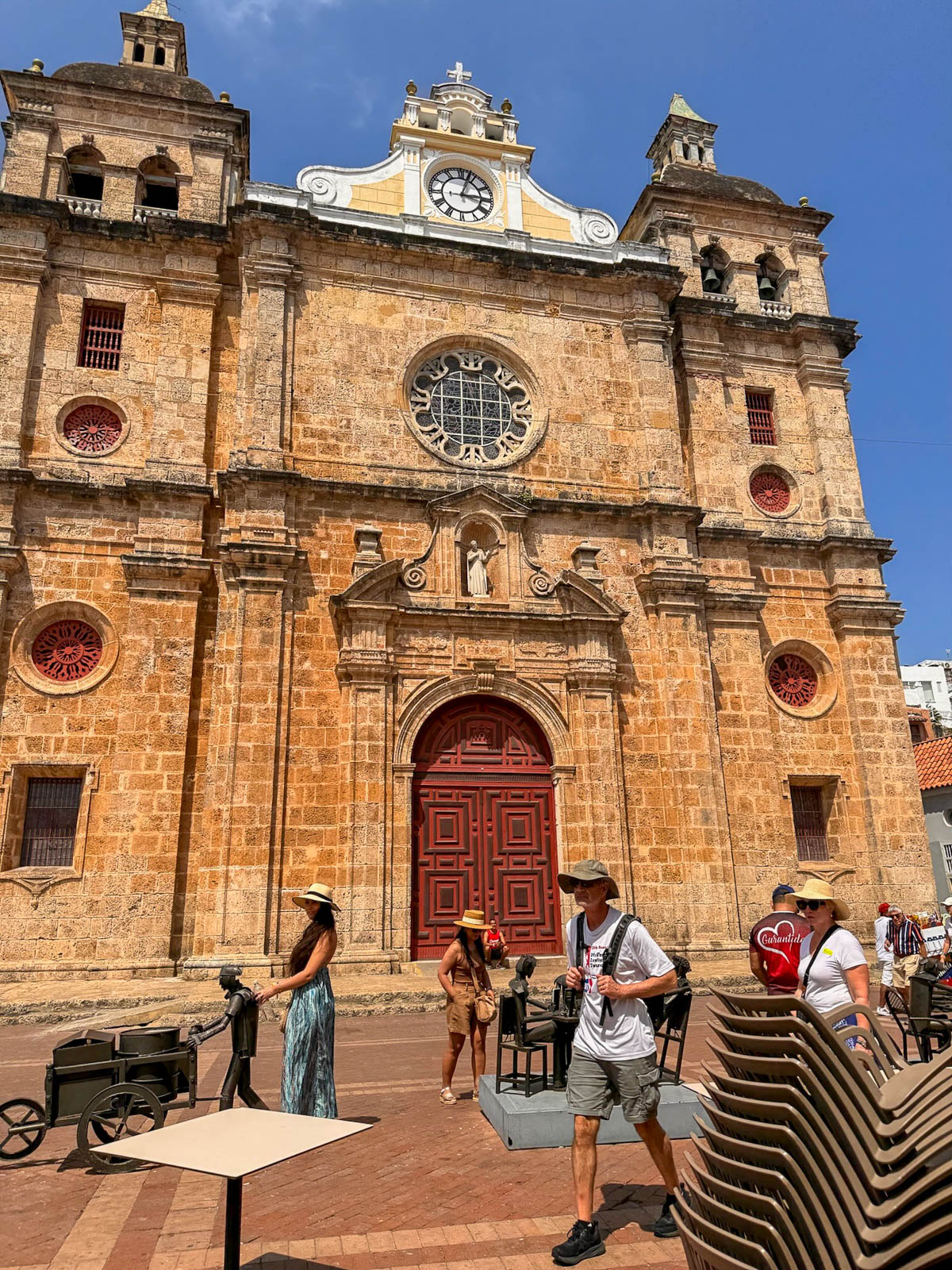 Stone facade of San Pedro Claver Church on a sunny day in Cartagena's Old City